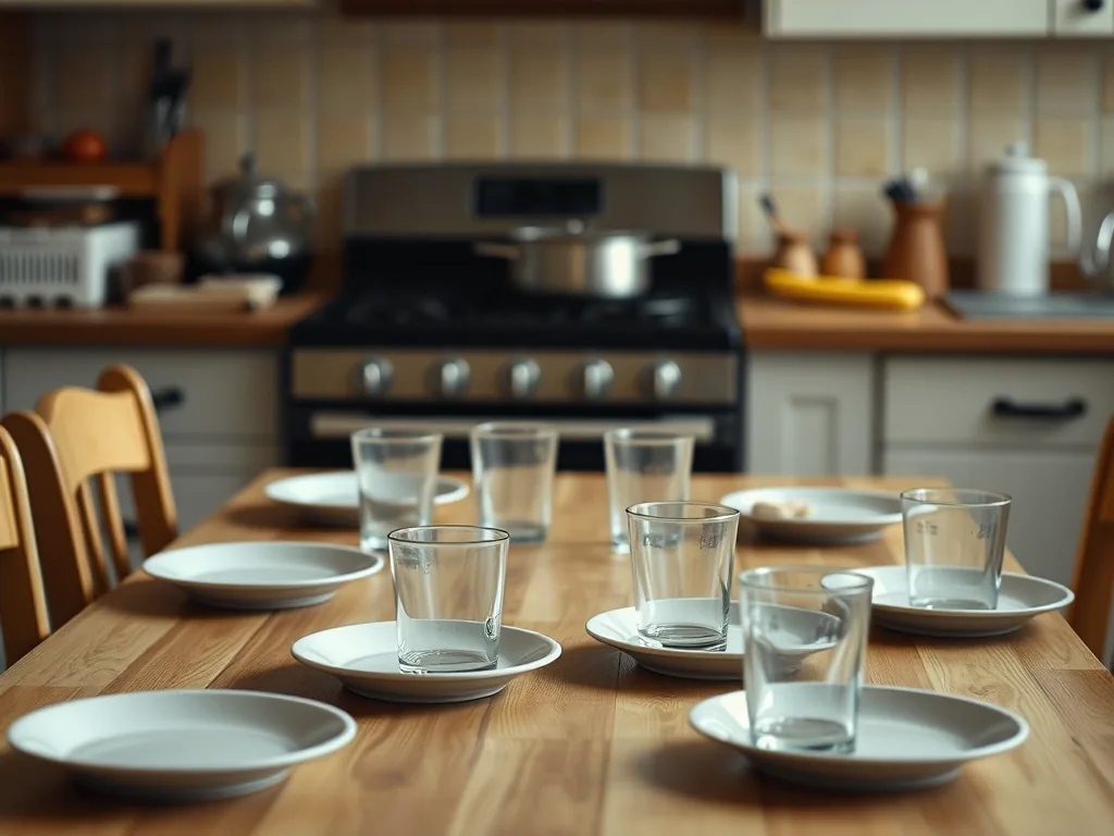 A kitchen table laid with small plates and beakers for young children, a pot on the stove behind.