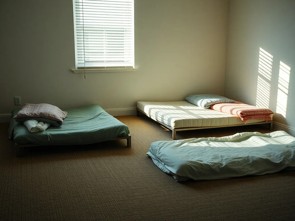 Low nap cots with folded blankets laid out on the carpet of a quiet room, blinds half closed.