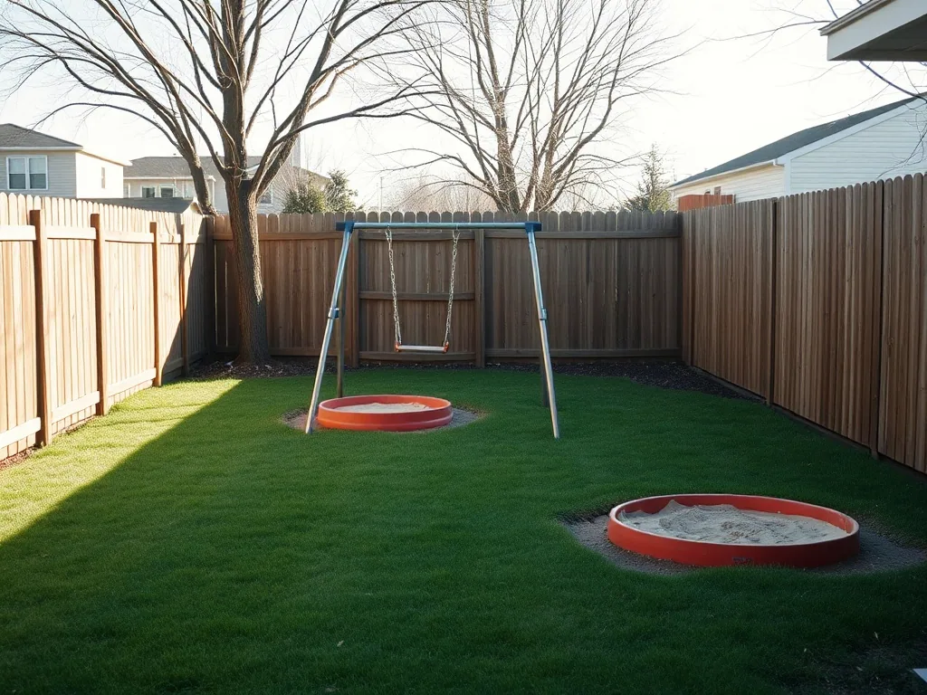 A small fenced back yard with a swing set and a sand pit on mown grass, wooden privacy fence, bright morning light.